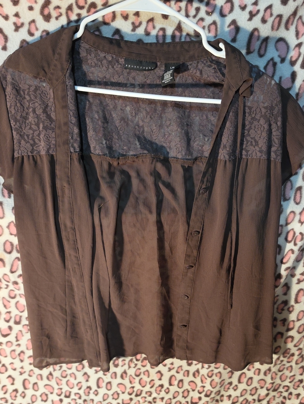 Apostrophe Dark Brown Lace Yoke Button-Front Blouse